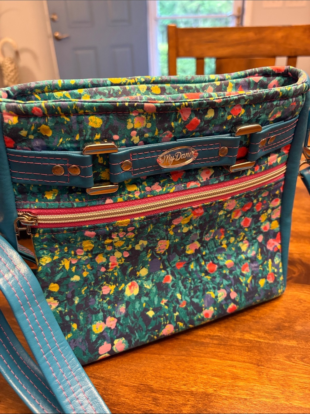 Teal Floral Crossbody Bag with Pink Accents artisan made
